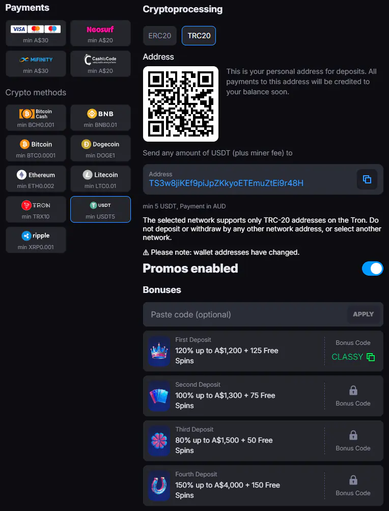 form for replenishing your account and activating bonuses at SkyCrown Casino