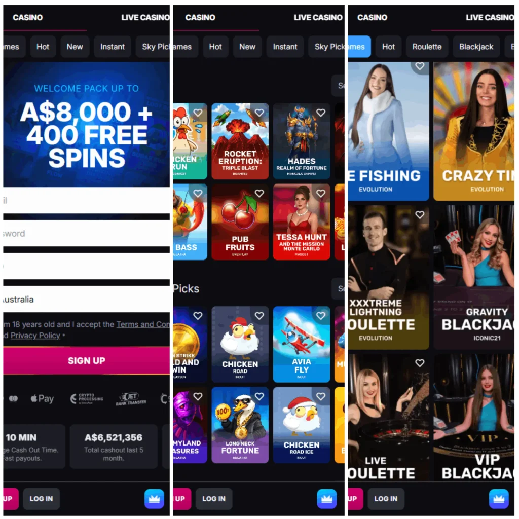 Mobile version of the SkyCrown casino website